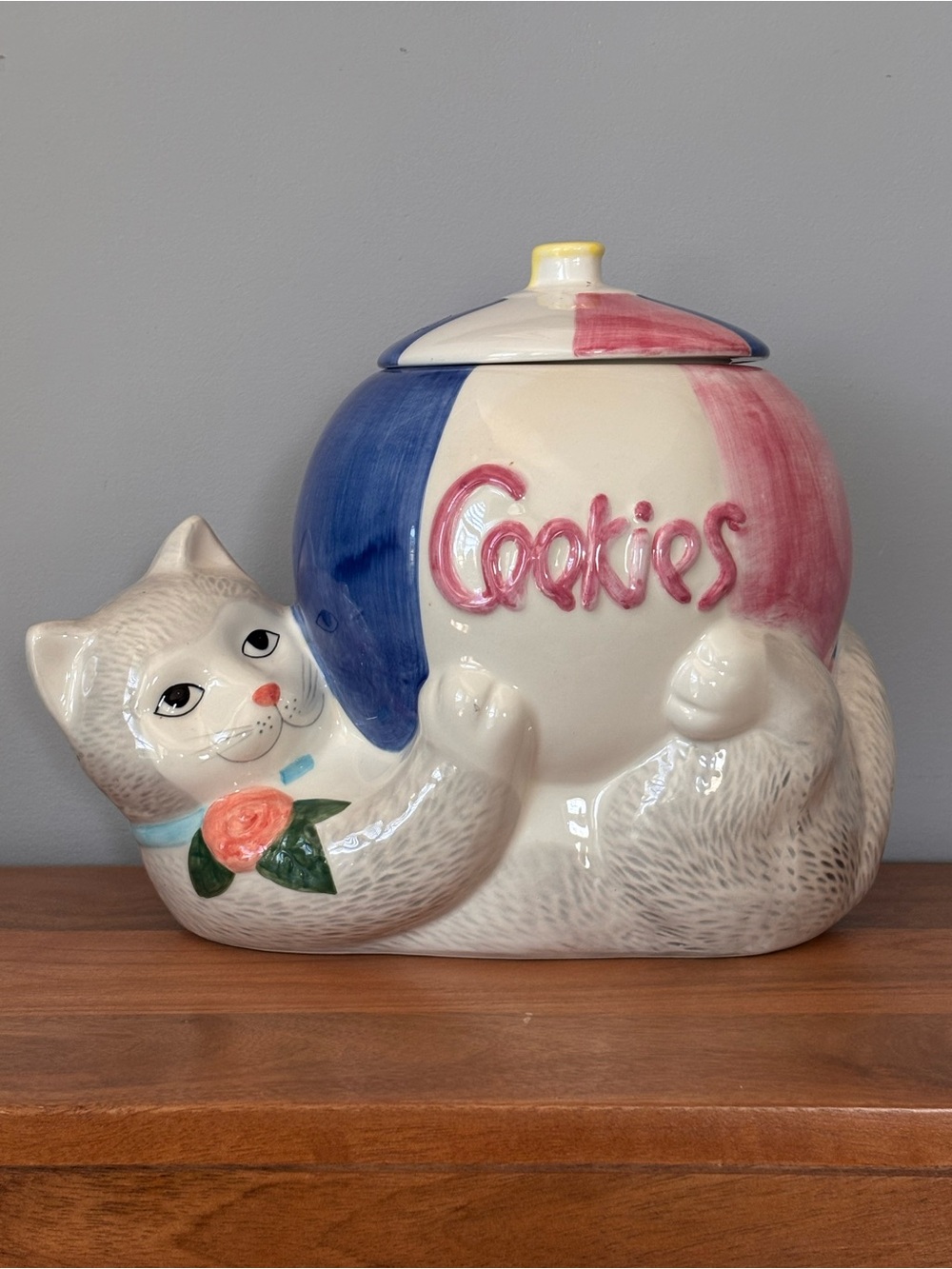 Vintage Taiwan Ceramic Cat Cookie Jar Pink Blue Red Kitschy Retro